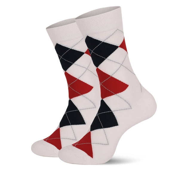 workcargo Men's White Argyle 100% Cotton Socks - Breathable Mid-Calf, Reinforced Toe Heel, Non-Slip Elastic Cuff, One Size Fits Most Dress Casual Socks,Size Free Size