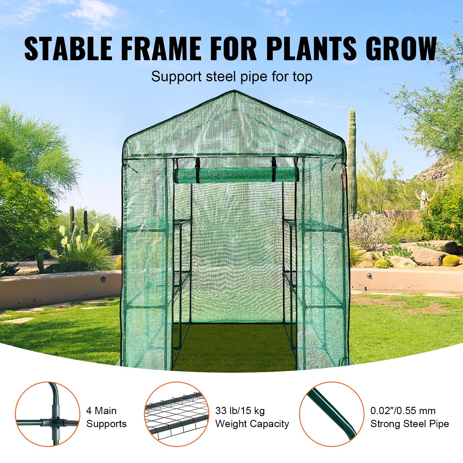 Portable Walk-in Greenhouse 4.6x4.6x6.6ft, Durable PE Cover, Zipper Door, Steel Frame w/Shelves