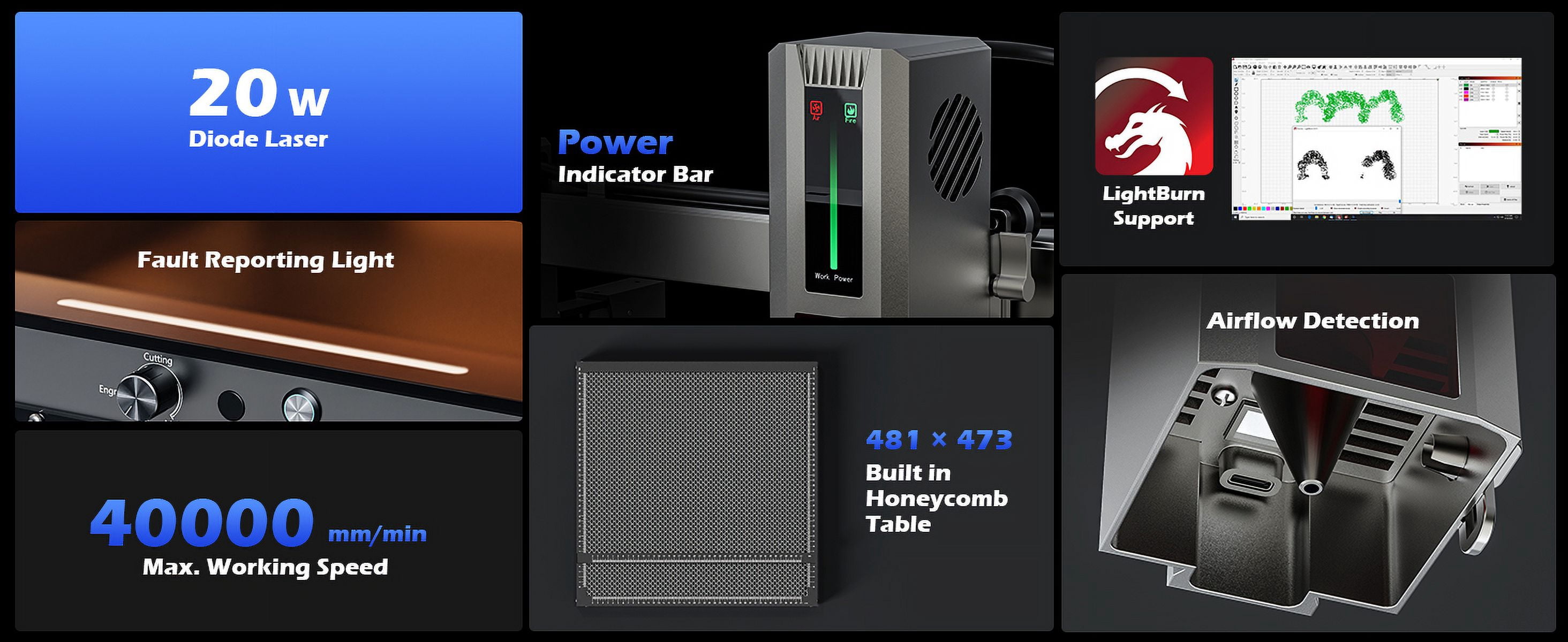 Genmitsu L8 Laser Engraver, 40000mm/min All-in-one Laser Engraving Machine, 20W Power Output Laser Cutter Built-in Acrylic Enclosure with Vent, Air Assist Pump, Honeycomb, Camera, Laser Safety Class 1