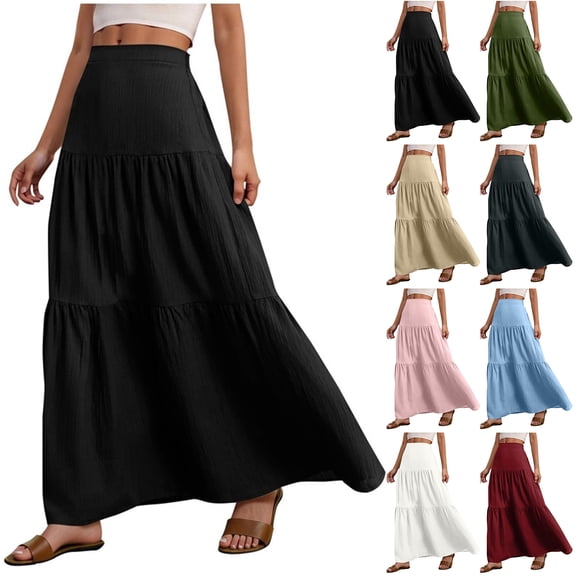 NXMZXB Women's Boho Maxi Skirt Summer Loose Flowy Long Tiered Pleated A Line Stretch Elastic High Waist Pleated Beach Skirt Khaki S