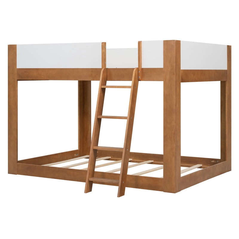 Full-Over-Full Low-Profile Bunk Bed with Guardrails, Wooden Kids Bed with Reversible Ladder, Accent Two-Tone Bed Frame