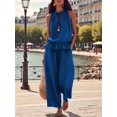 thumbnail image 5 of Women's Linen 2 Piece Outfits Sleeveless Ruffle Top Wide Leg Pants Summer Loungewear Beach Sets Blue M, 5 of 8