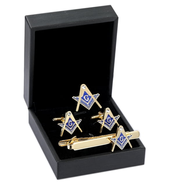 Set de gemelos y broches para corbatas con escuadra masónica y brújula