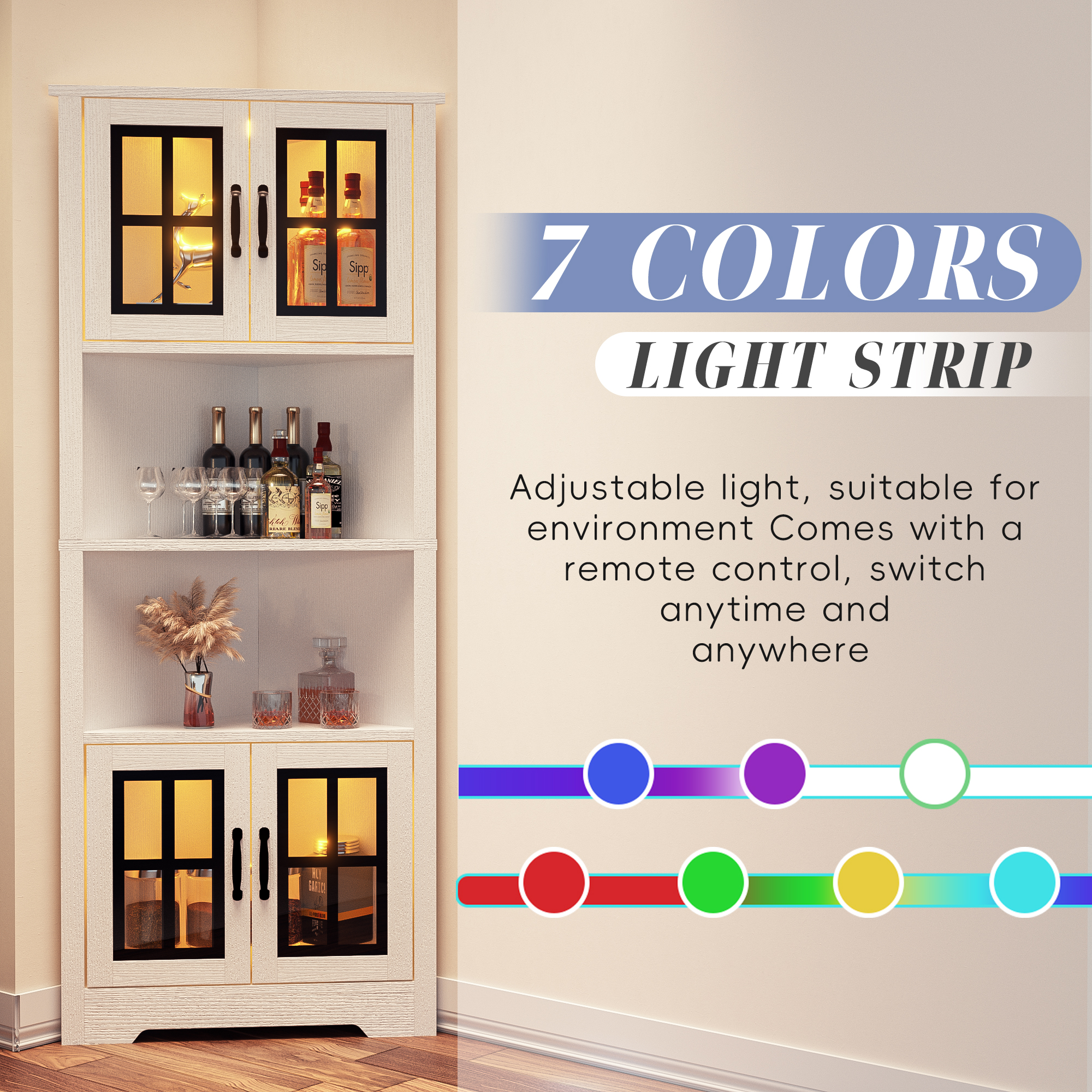 Joywind 67" White Corner Cabinet with LED Lights, Modern Tall Storage Hutch with Glass Doors & Shelves