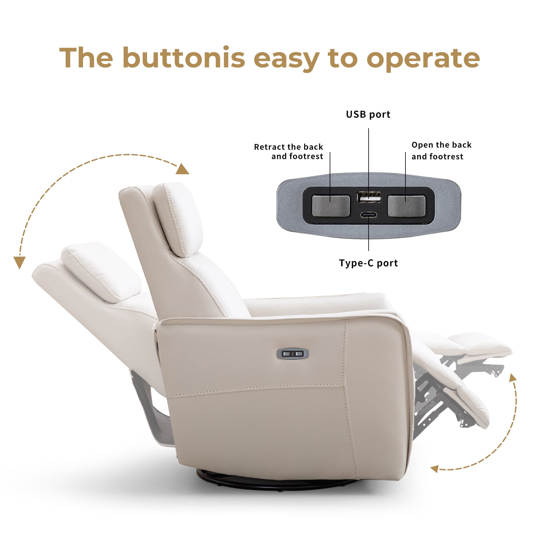 Ebello Power PU Leather Swivel Rocker Recliner, Electric Swivel Glider Chair with USB & Type-C Ports for Nursery, Living Room, Beige