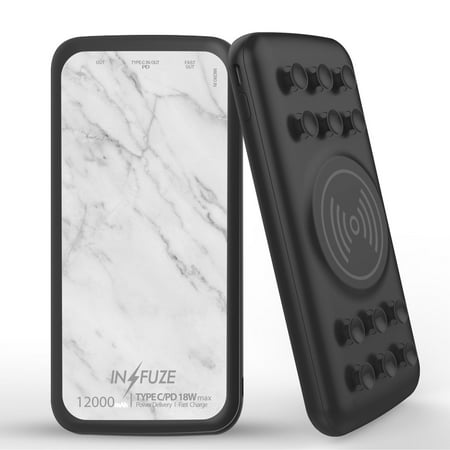 

INFUZE Qi Wireless Portable Charger for Orbic Myra 5G External Battery (12000 mAh 18W Power Delivery USB-C/USB-A Quick Charge 3.0 Ports Suction Cups) with Touchless Tool - White Marble