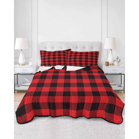 Quilts Twin Size, Red Black Buffalo Plaid Soft Comforter Bedding Set for Bed, Black Red Checkered Lightweight Quilted Bedspread with Pillow Cover(2 Pieces) for All Season, 68x86 Inch