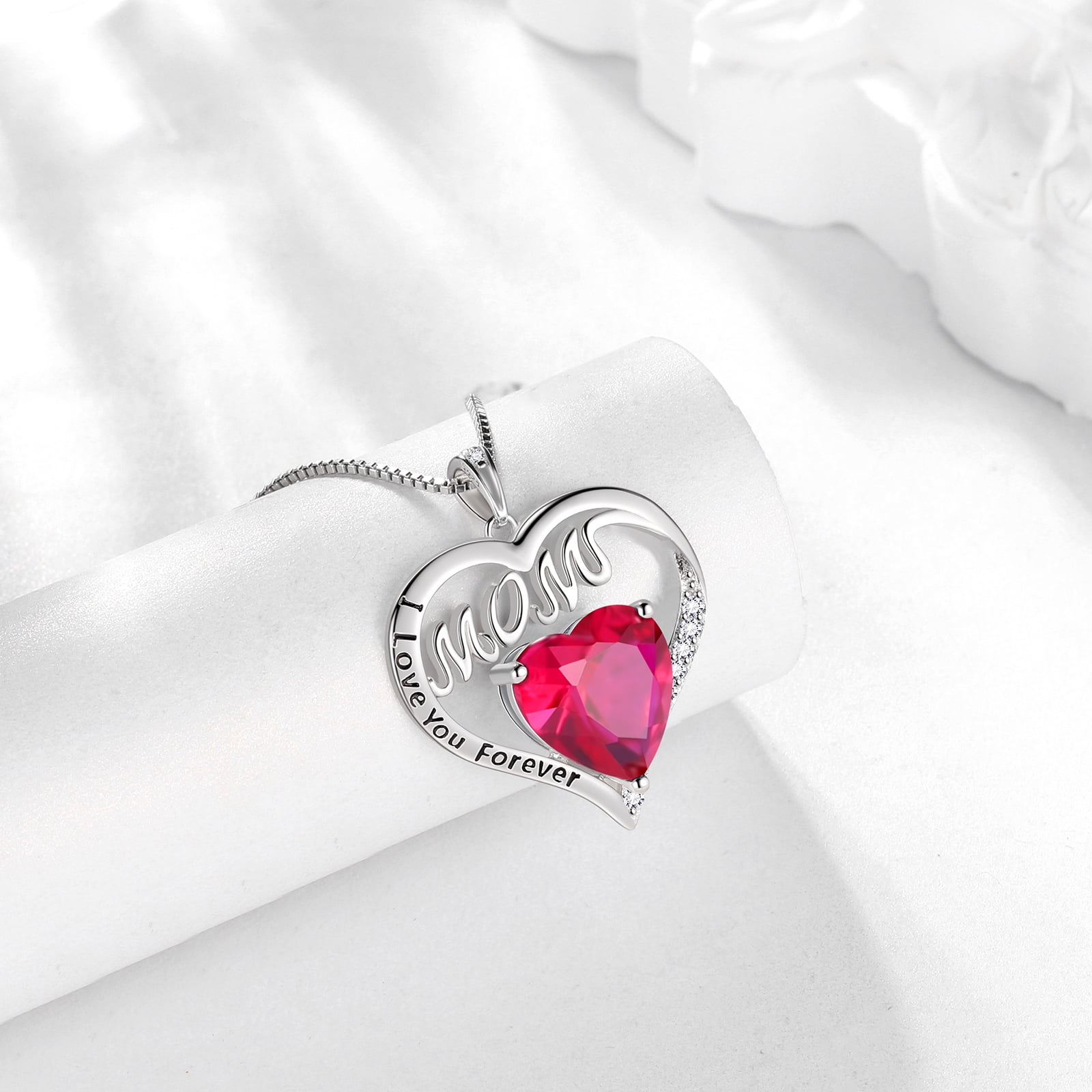 Juwaliy Mom Necklace Heart July Birthstone Necklace Ruby Red 925 Sterling Silver Pendant Jewelry Women Grandma Christmas Birthday Mother's Day Gifts