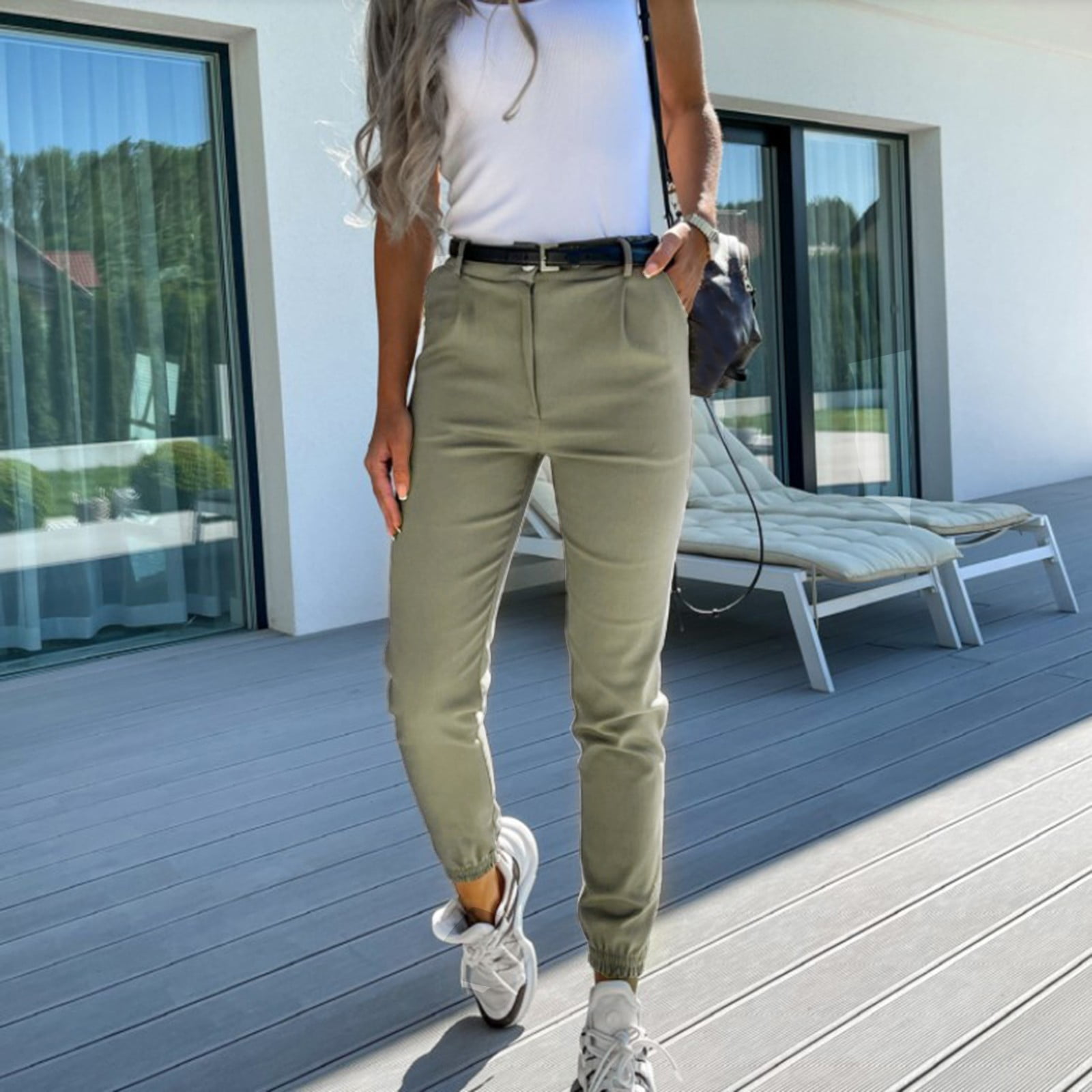 nsendm Pants Cropped Pants Waist High Button Pocket Women Fitness Leggings  Workout Solid Casual Out Pants Teacher Work Clothes Pants Green Small -  Walmart.com