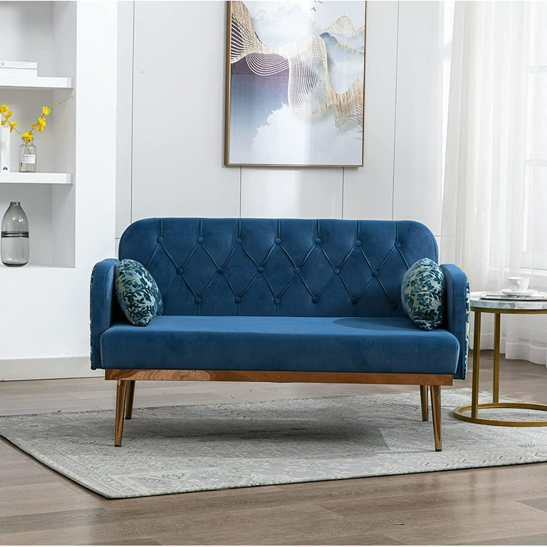 Muumblus 55-inch Small Couch with Elegant Moon Shape Pillows, Embroider  Pattern, Modern Tufted Backrest Loveseat Sofa for Living Room,Blue Floral