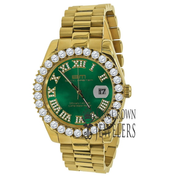Mens Solid Stainless Steel Roman Face Green Dial 18k Gold Tone Simulated Diamond President Watch 42mm