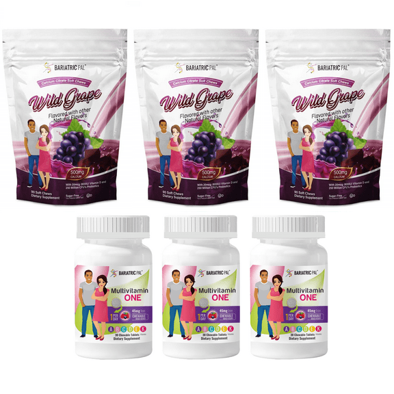 Gastric Sleeve Complete Vitamin Pack - Chewables Size: 3-Month Supply, BariatricPal Multivitamin ONE: Mixed Berry Chewable with 45mg Iron, BariatricPal Calcium Citrate Soft Chews: Wild Grape