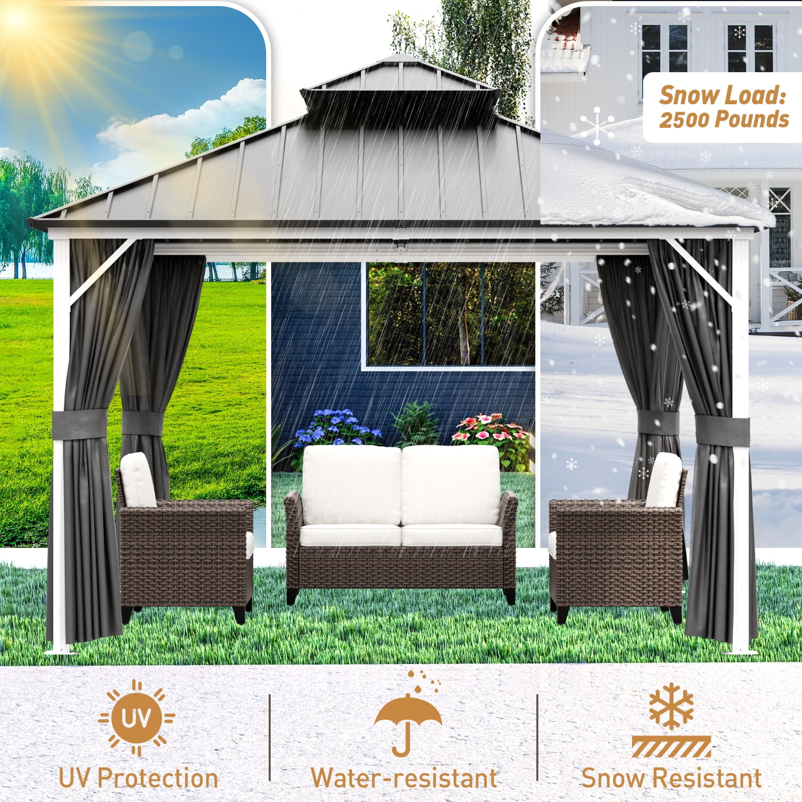 INTER HUT 12x12 FT Galvanized Steel Double Roof Gazebo with Aluminum Frame Gazebo with Curtain and Netting, White/Gray