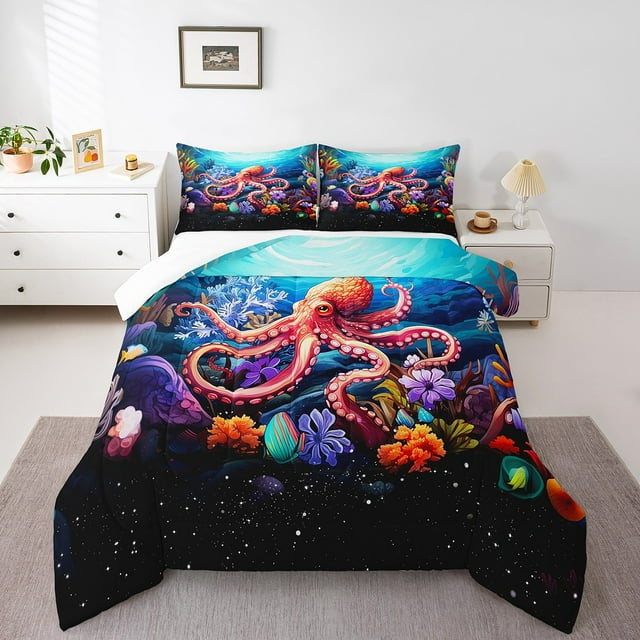 Ensemble de Douillette Octopus Grand Ensemble de Literie Tentacules Rouges, Ensemble de Couette en Duvet Tropical Côtier Océan Reptile, Déco de Chambre Animal Marin Nautique