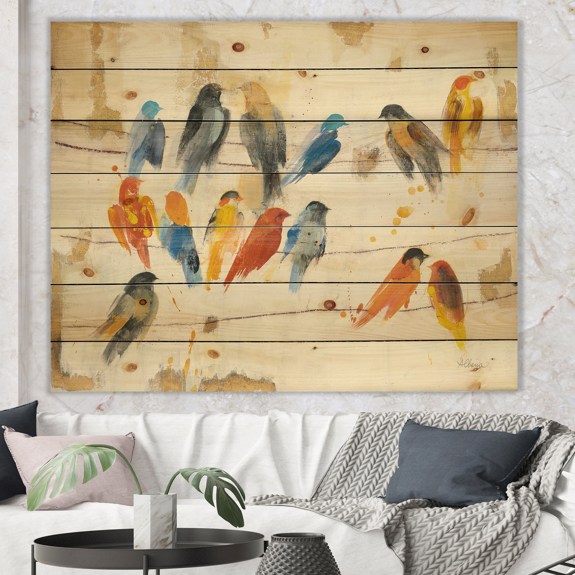 Designart 'Multicolor Bird Meeting' Traditional Animal Print on Natural Pine Wood