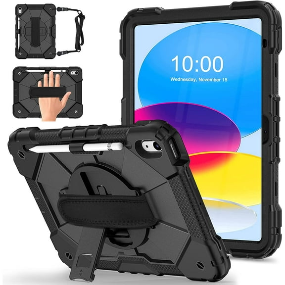 Timoom Case for iPad 10th Generation 2022,iPad 10.9-Inch with Pencil Holder / 360 Rotating Kickstand Hand Strap / Shoulder Strap,Heavy Duty Protective Cover for iPad 10 Gen Case(A2696/A2757/A2777)