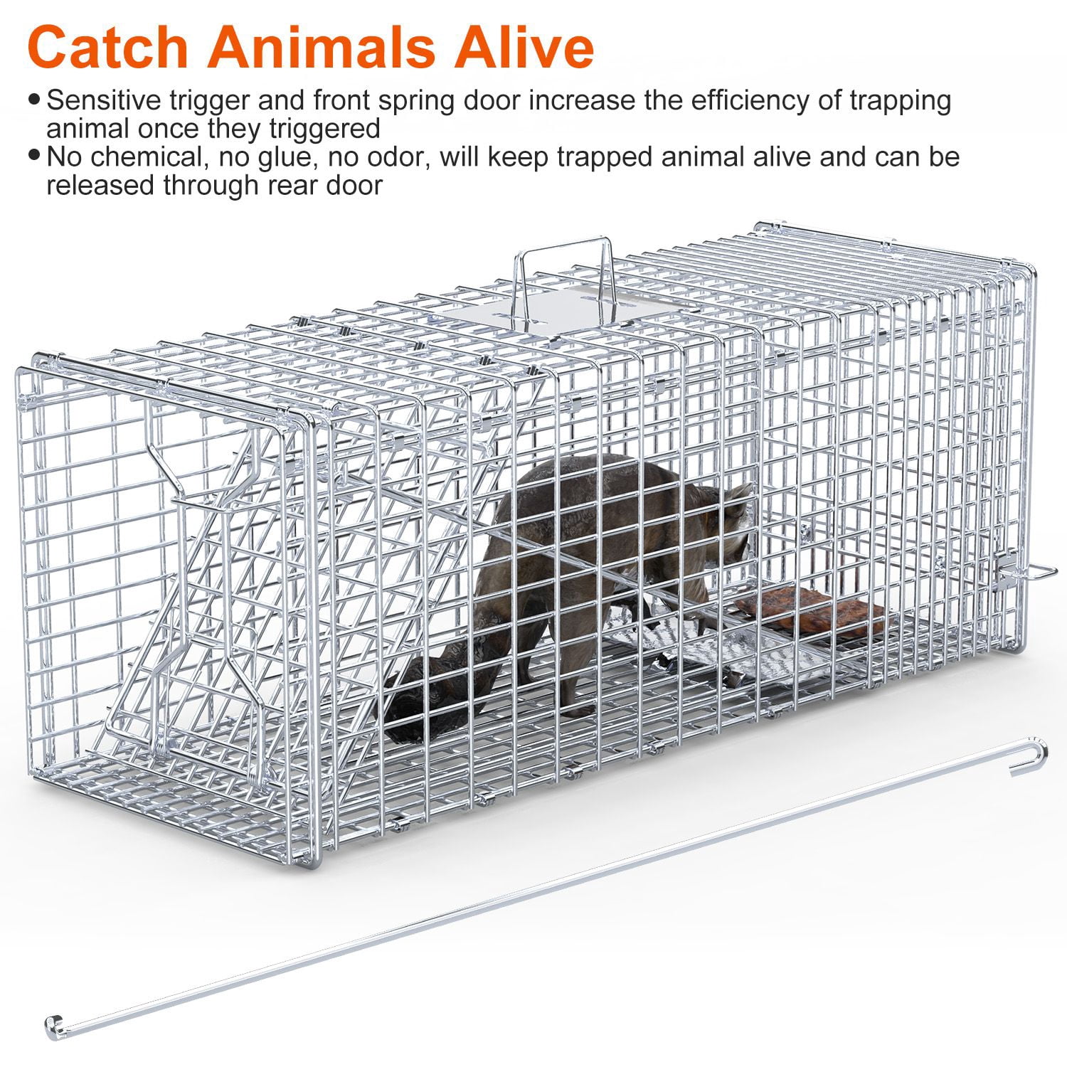 Heavy-Duty Live Animal Trap, 37x14x15 Inch Galvanized Mesh, Sensitive Pedal Trigger & Rear Release Door, Guarded Handle, Foldable Design for Raccoons, Armadillos, Small Dogs Under 55 lbs