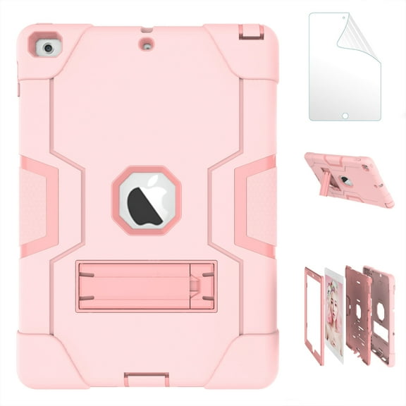 iPad 5th/ 6th Generation Case, New iPad 9.7 inch 2017/2018 Shockproof Kickstand Cover with HD Screen Protector Film - Rosegold