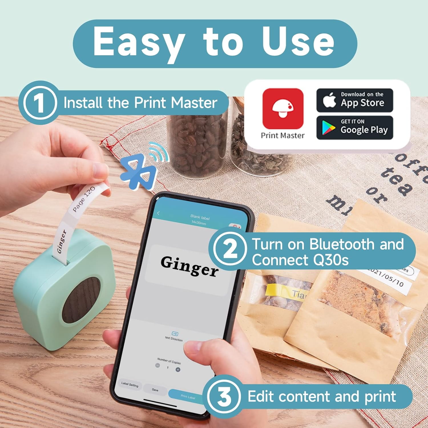 Phomemo Q30S Simplify Labeling with the Bluetooth Mini Label Maker Machine - Perfect for Office, Home, and Organizing - Includes 1 Rolls of Label Tape - Multiple Templates and Easy-to-Use (Green)