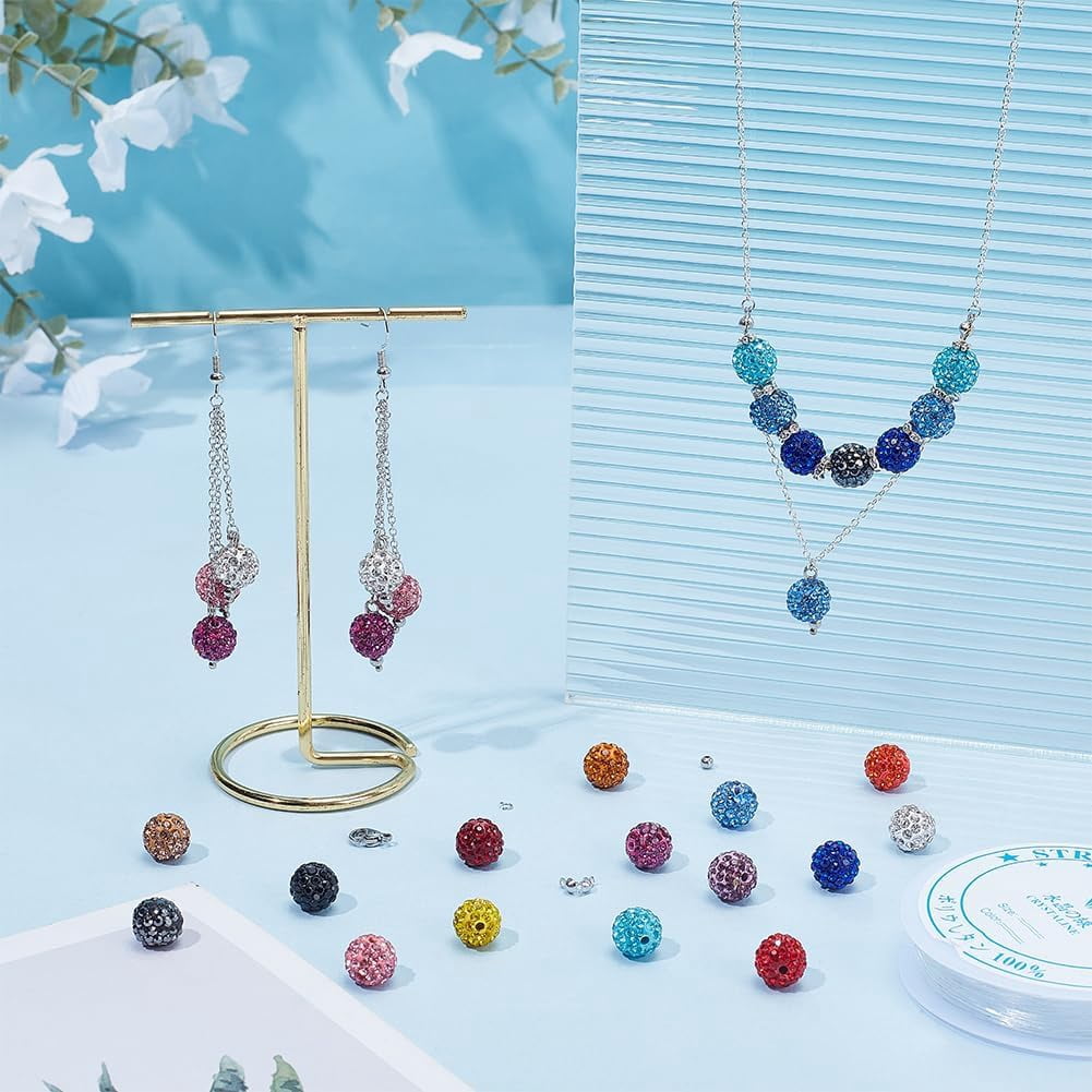 PH 440pcs 15 Colors Rhinestone Beads Kit 10mm Shiny Beads Clay Disco Ball Beads with Stainless Steel Spacer Beads Clasp String Jewelry Findings for Necklace Bracelet Jewelry Making Colorful