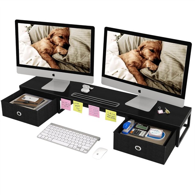 Dual Monitor Stand Riser with Drawers Extra Long Wood Desk Organizer Desktop Riser for Laptop Printer Computer TV Perfect for Home Office