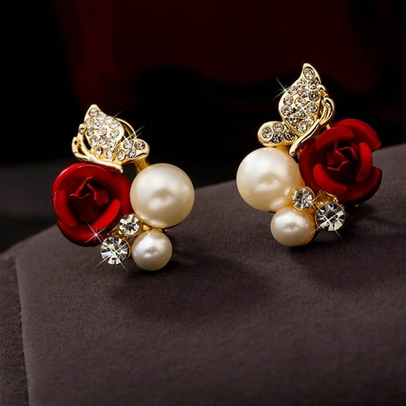EGNMCR Stud Earrings for Women 1 Pair Red Rose Flower Imitation Pearl Plated Crystal Earring Female earrings