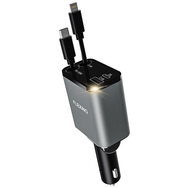 Cargador de coche Flexino retráctil 69W de carga rápida USB-C gris