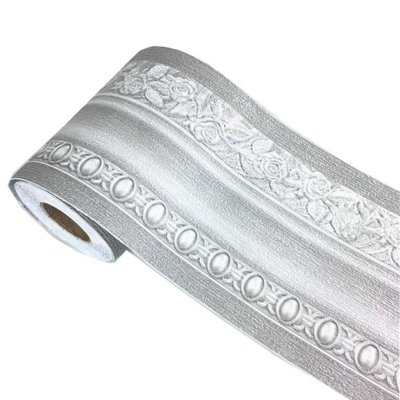 3D Grey Floral Pattern Molding Peel Stick Wall Border for Home Decor Bathroom Kitchen,4 inch by16.4 feet (Silver)
