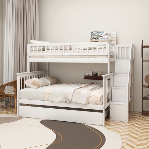 Twin over Full Bunk Bed with Trundle and Staircase,White