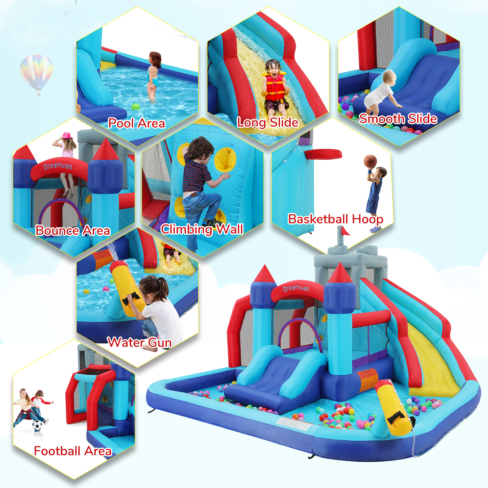 Qhomic Inflatable Bounce House for Toddlers with Blower, Children's Castle with Bouncing Slides, Climbing Wall, Bouncing Area, Basketball Hoop, Water Gun, Inflatable Water Slide with Football Area - image 4 of 12