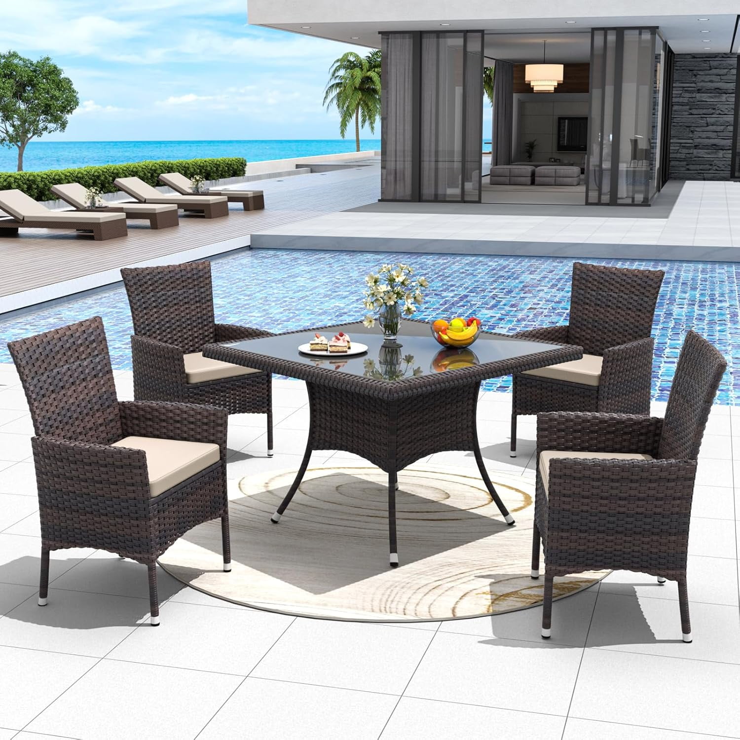 ALAULM 5 Pieces Patio Dining Set Outdoor Rattan Furniture with Square Glass Tabletop 4 Chairs with Cushions for Patio, Backyard Outdoor Kitchen Lawn & Garden Sand