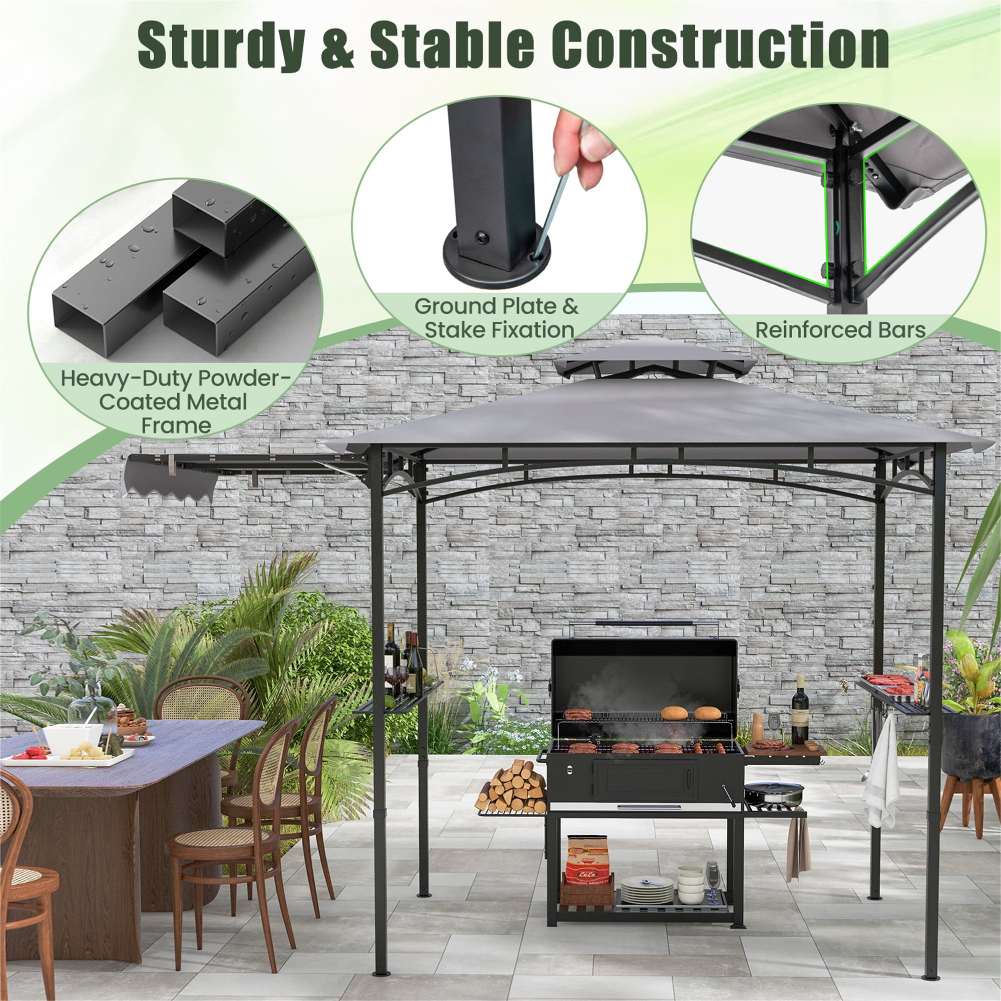 Gymax 11 x 5 FT Grill BBQ Gazebo w/ Side Awning Double-Tiered Top 2 Side Shelves