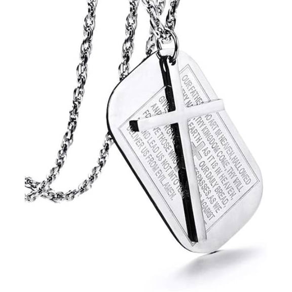 Lord's Prayer Cross Dog Tag Necklace | Stainless Steel Engraved Cross Pendant | Black/Silver Religious Necklace for Men, Father's Day Gift