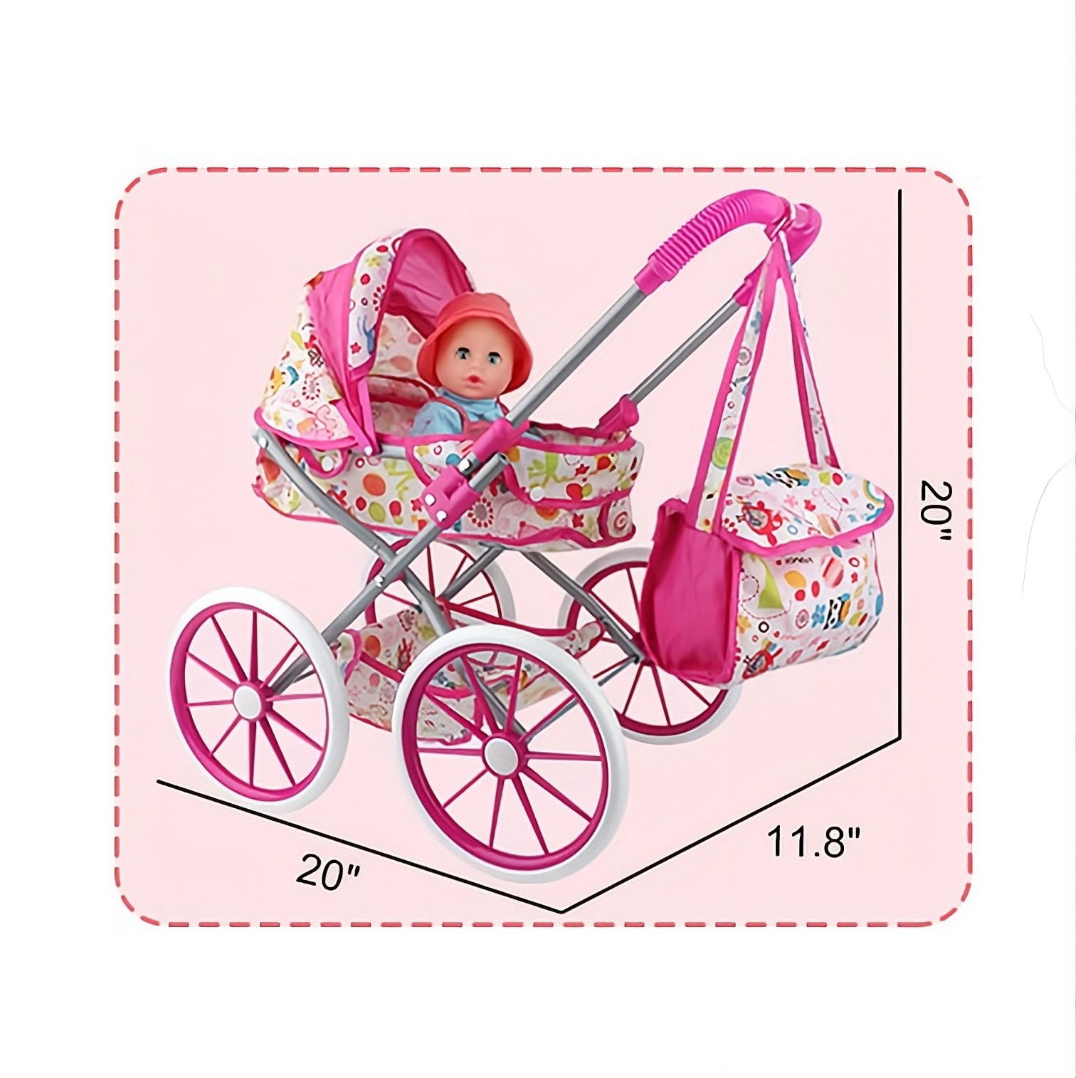 Mundo Toys 14" Baby Doll Nursery Playset, Stroller, Crib, 12 Sounds, Pink, +3