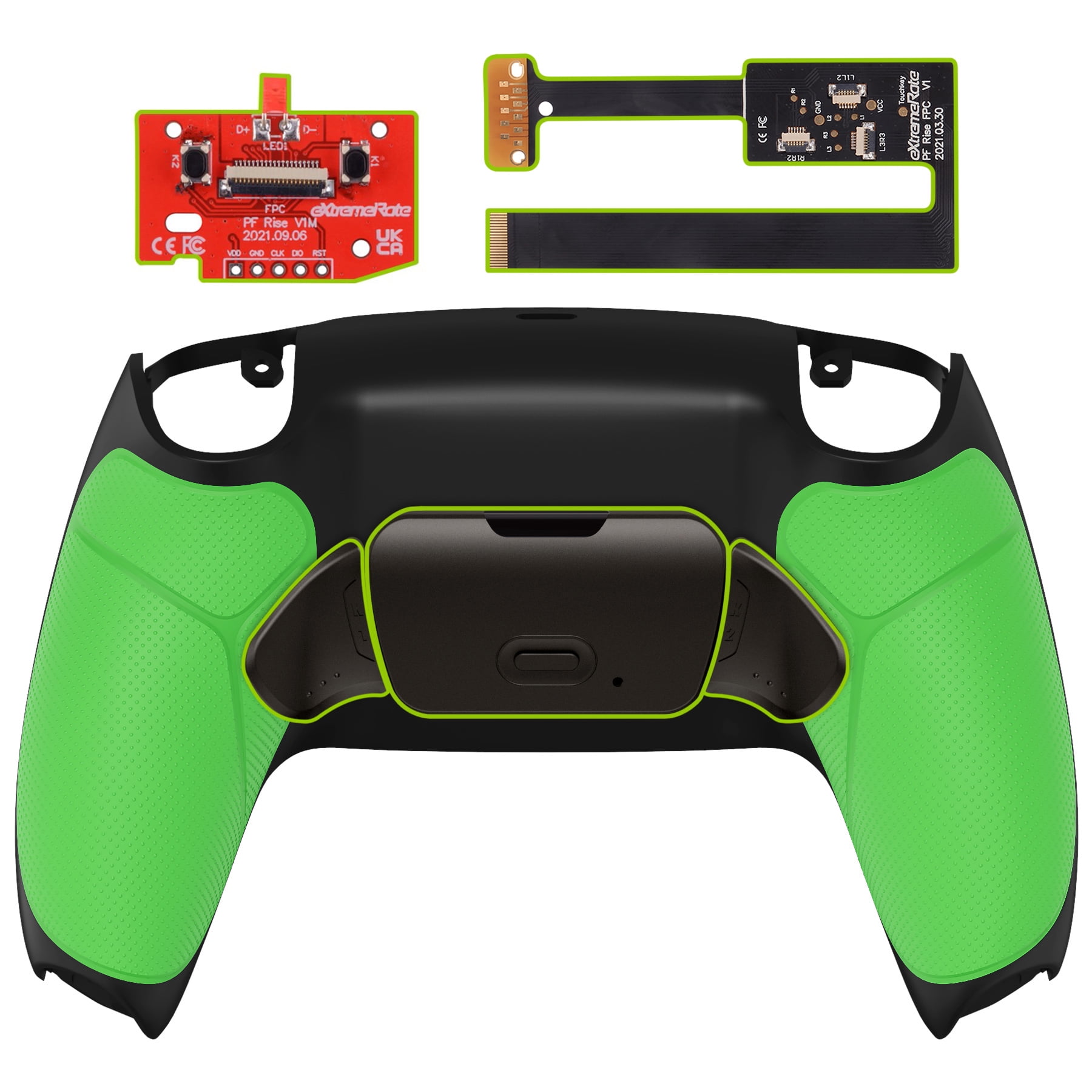 eXtremeRate Green Real Metal Buttons (RMB) Version Rise 2.0 Remap Kit for PS5 Controller with Black Rubberized Grip Back Shell, Upgraded Programable Back Buttons Attachment for PS5 Controller