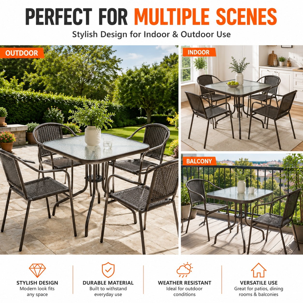 MOONMISS Tangkula 35 Inch Patio Dining Table with Tempered Glass Top with 1.5" Umbrella Hole & Sturdy Metal Frame, Patio Dining Table for Backyard, Lawn, Deck & Poolside