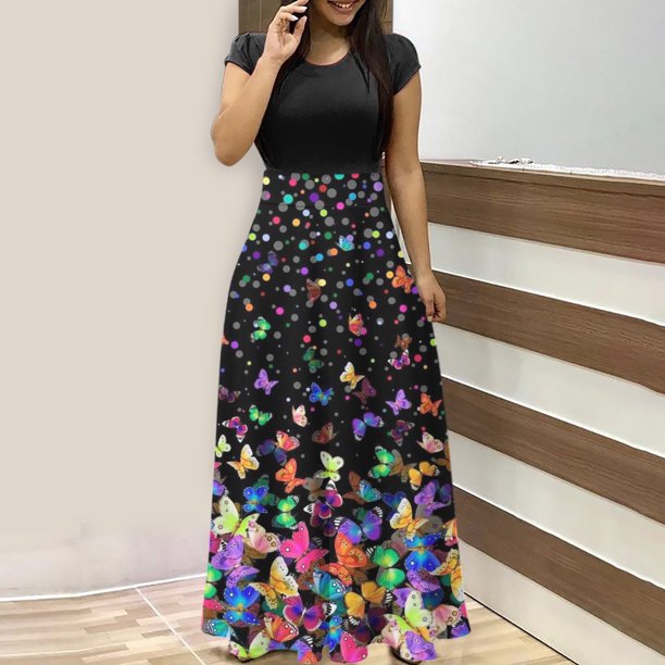 ICHUANYI Clearance Women's Floral Print Colorful Summer Dress Short Sleeve Dresses Beach Casual Maxi Sundress(Multicolor, XXL) ICHUANYI WER2023081116382