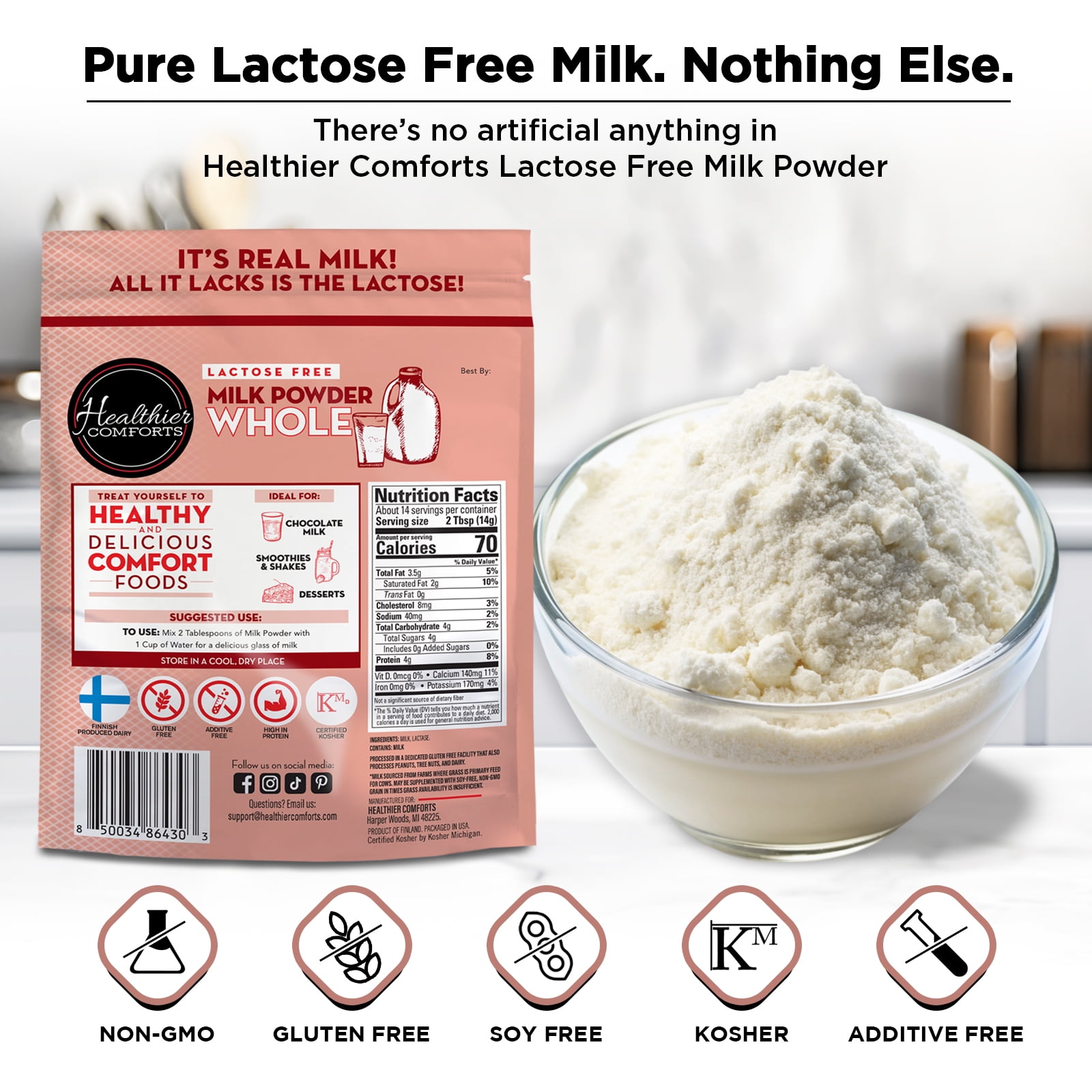 Healthier Comforts Lactose Free Whole Milk Powder 21oz | Non-GMO, rBST Hormone Free, Kosher, Gluten Free, No Fillers | Baking, Coffee Creamer, Shakes, Pantry Staple, Camping