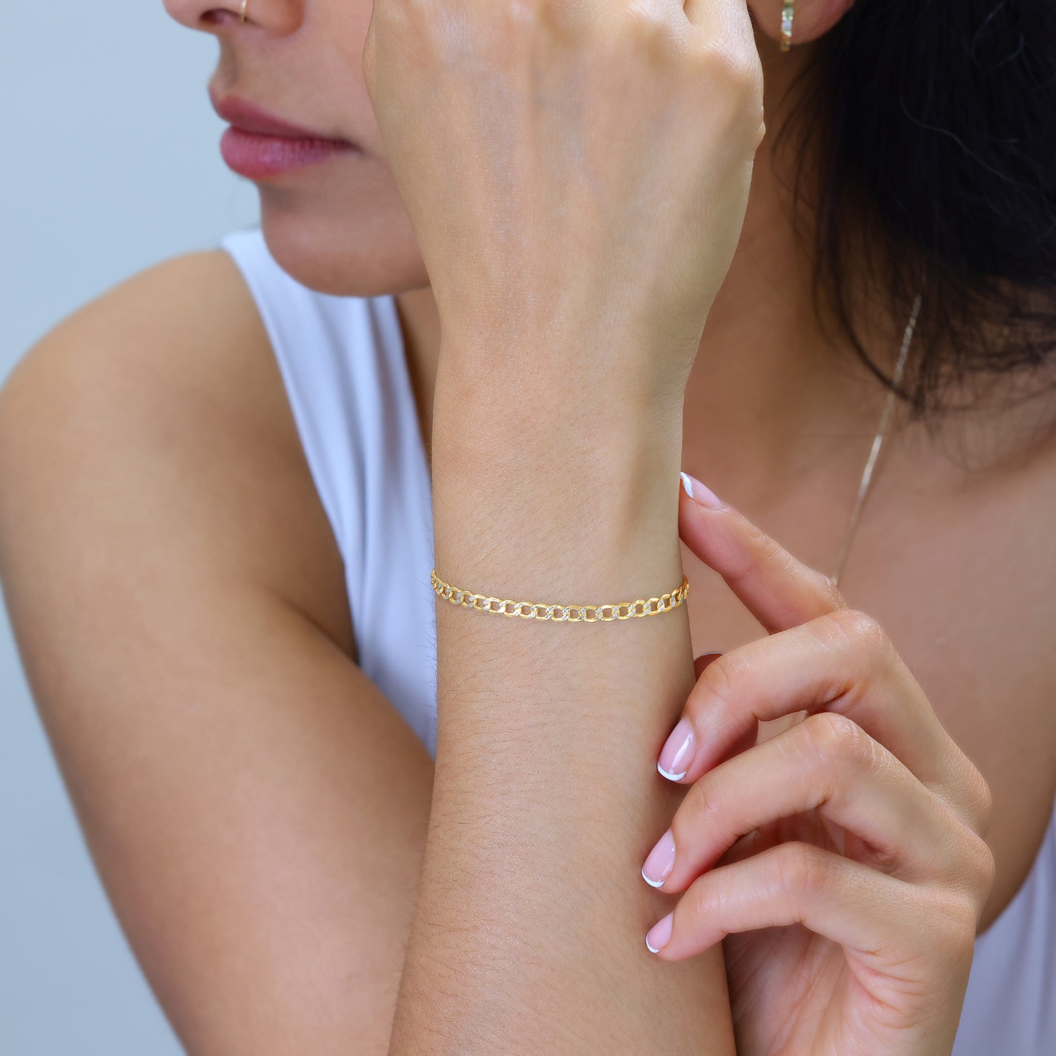 Nuragold 10k Real Yellow Gold Cuban Curb Link 3.5mm Diamond Cut Pave Chain Bracelet or Anklet (7"-9") Two Tone Italian Jewelry for Men & Women