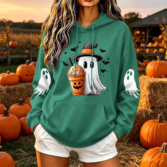 LEKWK Halloween Hoodies for Women Drawstring Ghost Pattern Cute Graphic Sweatshirts Fall Winter Long Sleeve Relaxed Fit Casual Funny Tops