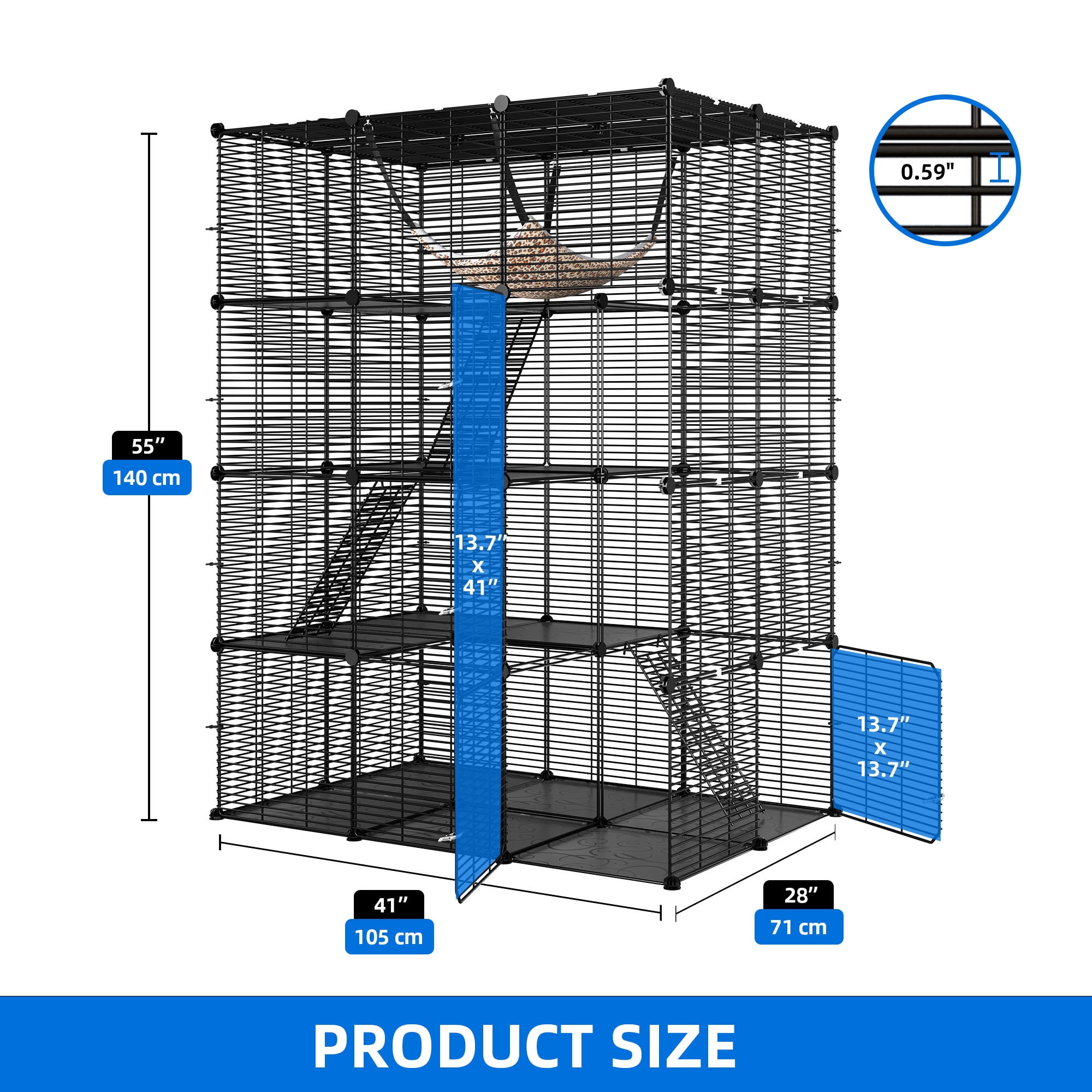 Uforic 55" Large 4 Tier Cat Cage, Indoor Cat Enclosures with Large Hammock, DIY Cat Playpen Metal Kennel for 1-3 Cats,28"L x 41"W x 55"H,Black
