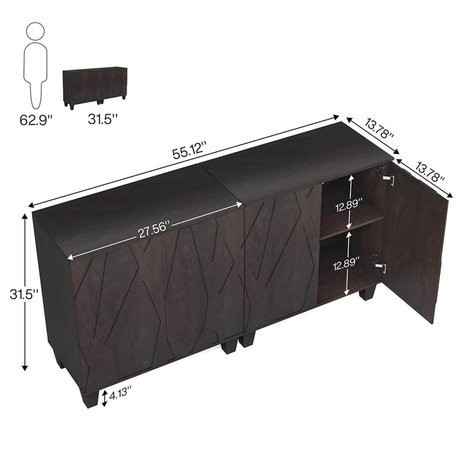 Demi Bonn 55" Sideboard Buffet Storage Cabinet with Solid Wood Legs, Credenza Accent Cabinet for Kitchen Entryway Living Dining Room, Black