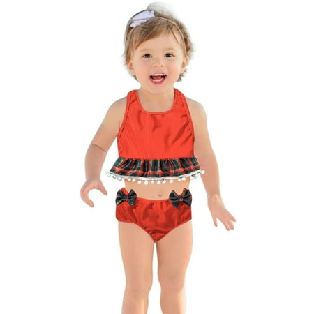 

Summer Baby Girls Bowknot Plaid Printed Tassels 2PCS Swimwear Holiday Swimsuit Bikini Outfits