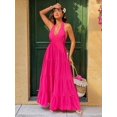 thumbnail image 4 of Womens Hot Pink Halter Maxi Dress With Open Back And Ruffle Hem, 4 of 6