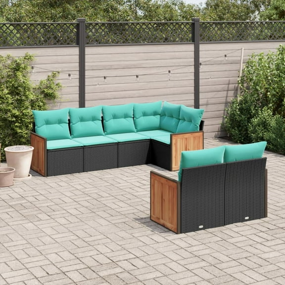 vidaXL 7 Piece Patio Sofa Set with Cushions Black Poly Rattan
