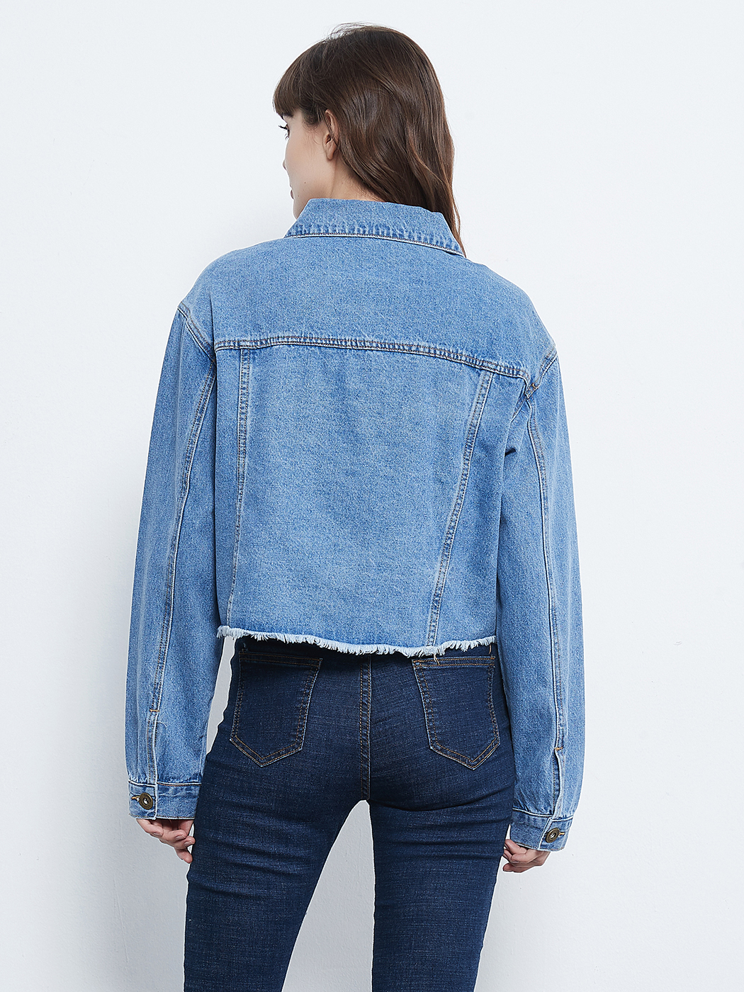 Women Jean Jacket Button Down Distressed Oversized Denim Jackets Coat, Light Blue, Medium - image 5 of 6