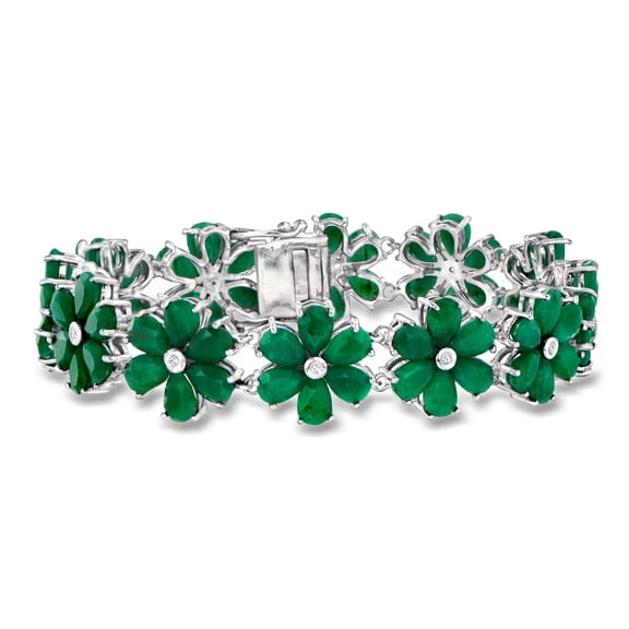 Ross-Simons 30.00 ct. t.w. Emerald and .10 ct. t.w. Diamond Flower Bracelet in Sterling Silver, Women's, Adult