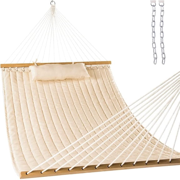 12 Foot Quilted Fabric Double Hammock with Spreader Bars and Detachable Pillow for 2 People, Linen