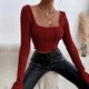 thumbnail image 5 of Mujeres Top manga larga contraste puntada Slim equipada tie back color puro acanalado knit pullover camiseta vino rojo M, 5 of 8