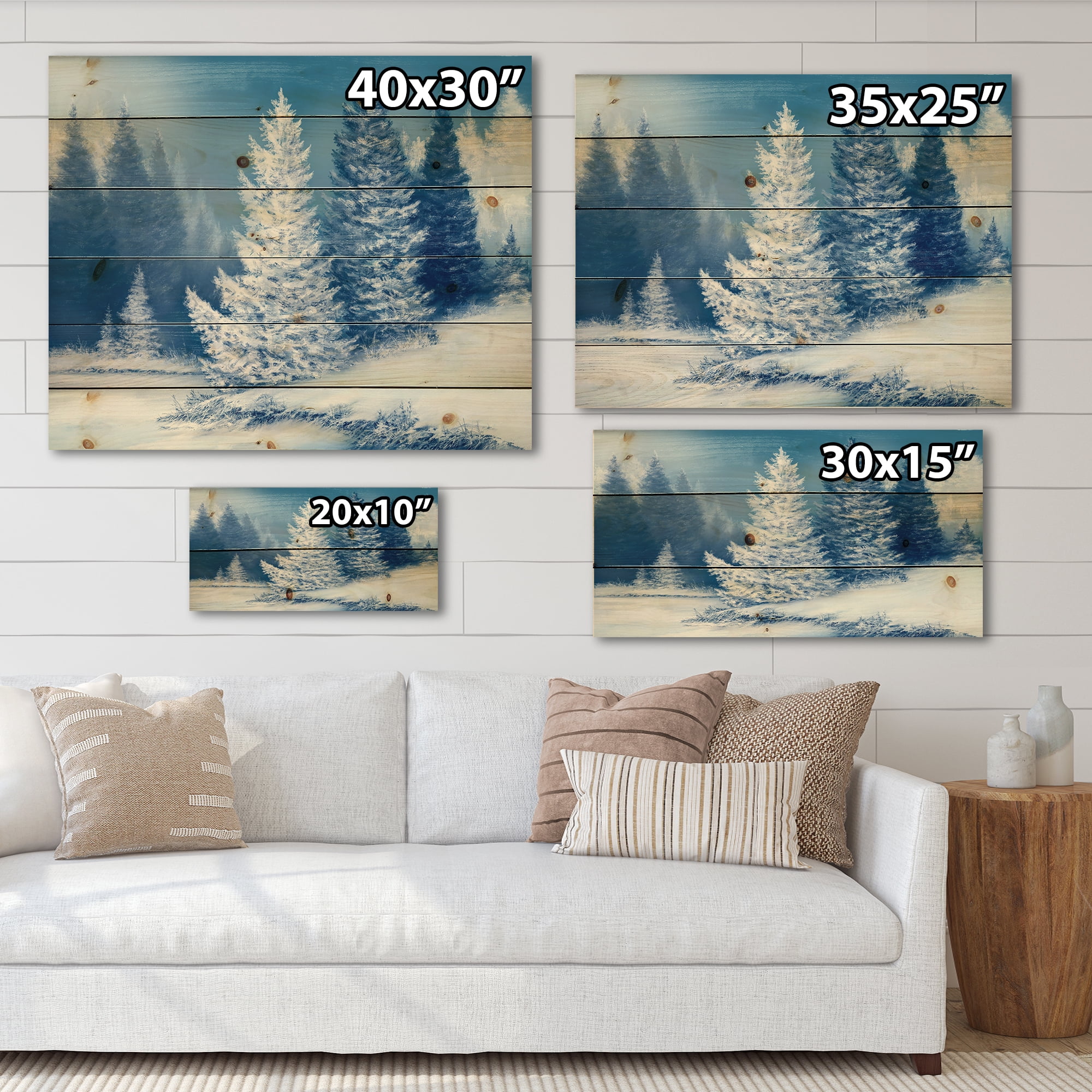 Designart 'Snow Covered Trees With Dreamlike Spruce Forest' Lake House Print on Natural Pine Wood